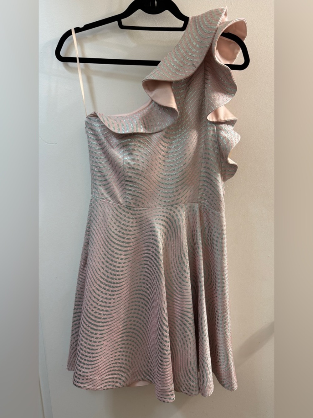 Theia Kay Unger Metallic Jacquard One Shoulder Ruffle Dress Pink Silver 8 - Picture 11 of 11